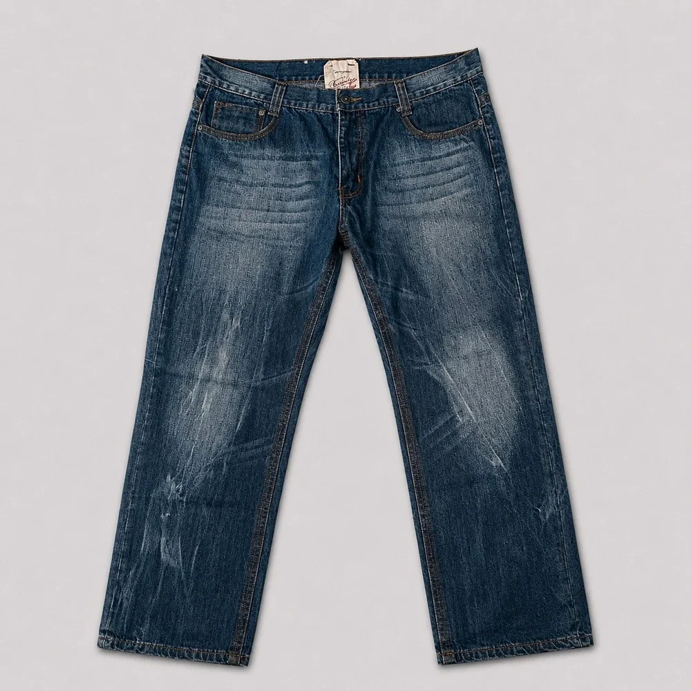 Brooklyn Xpress Mens 36x30 Blue Distressed Straight Leg Denim Jeans Dark Wash